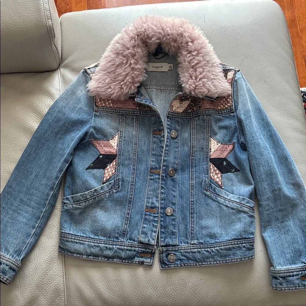 Coach 1941 rare Blue Jean Jacket with Pink Fur Collar